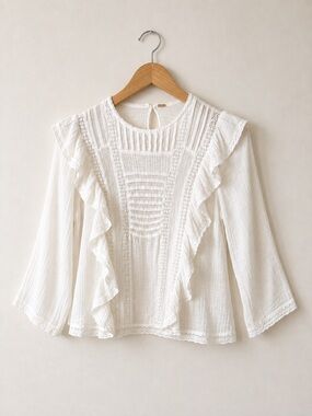 Free People Off White‎ Gauze Ruffle Lace Boho Blouse Size XS
